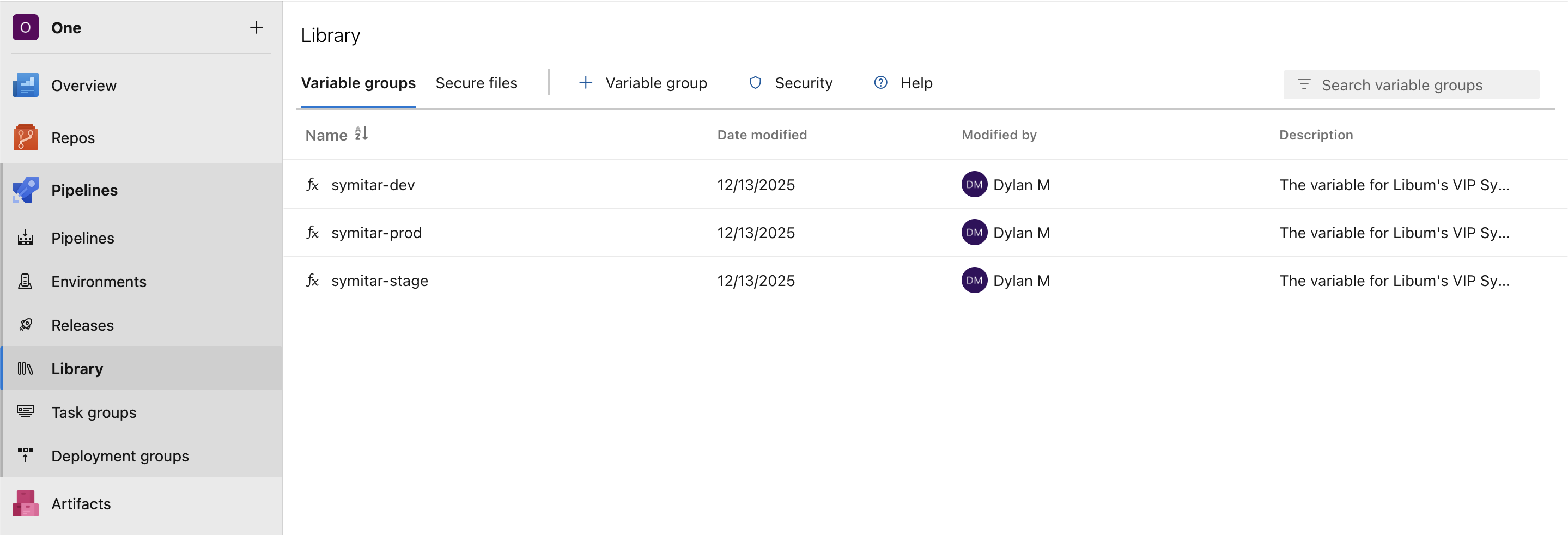 A screenshot of variable groups within Azure DevOps pipelines.