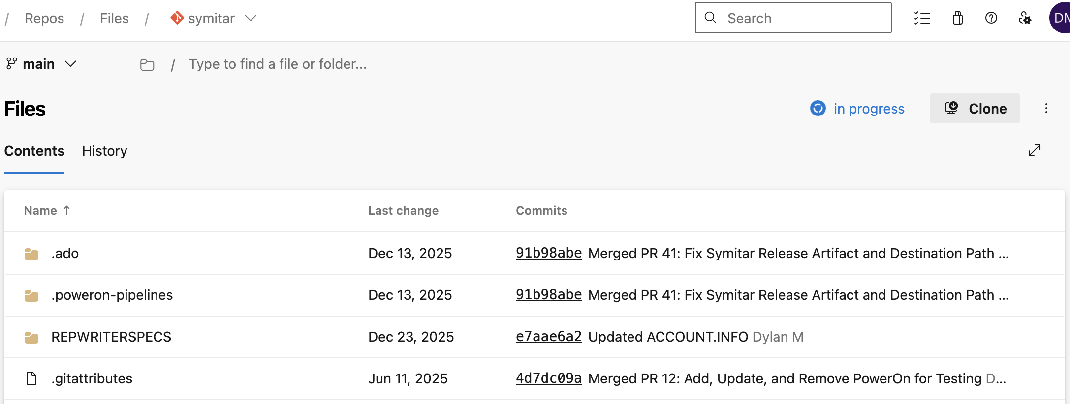 A screenshot of a repository in Azure DevOps with a REPWRITERSPECS directory.