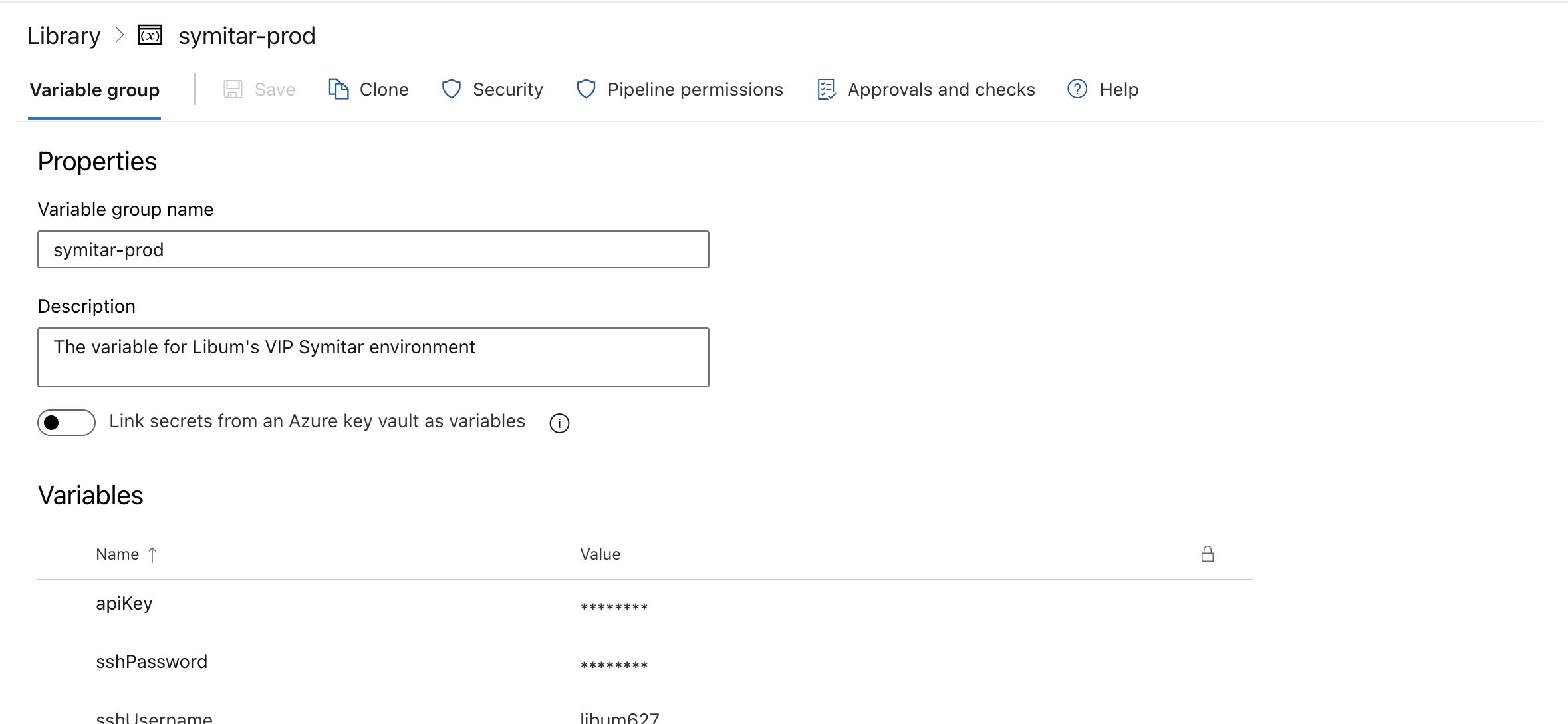A screenshot of the symitar-prod variable group for Libum's organization.