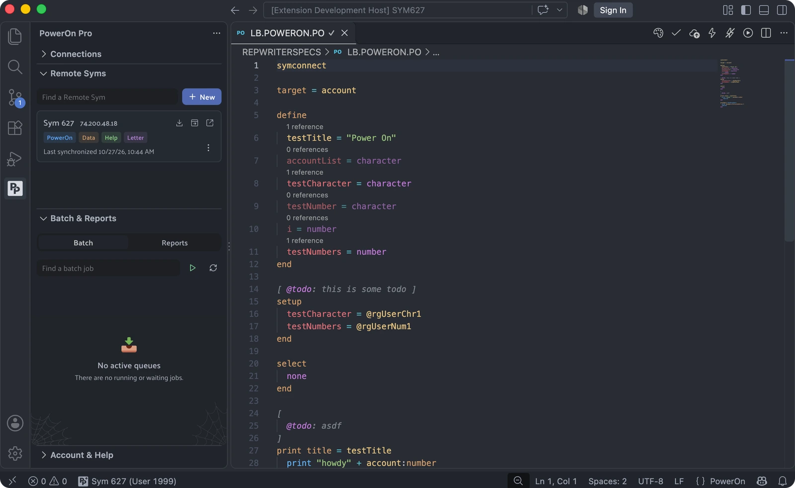 LB.POWERON.PO open in the SYM627 Remote Sym workspace with PowerOn syntax highlighting and reference counts