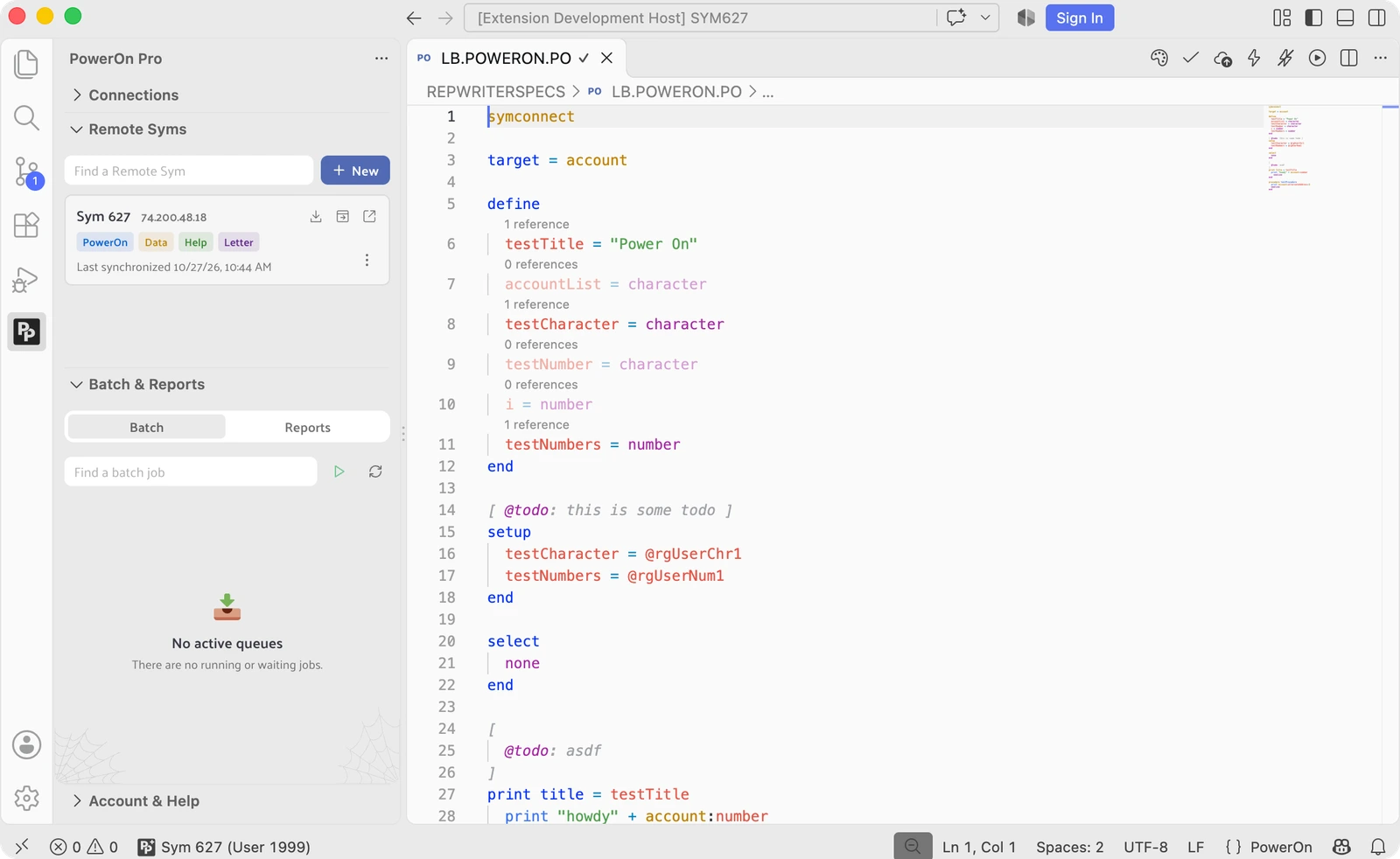 LB.POWERON.PO open in the SYM627 Remote Sym workspace with PowerOn syntax highlighting and reference counts